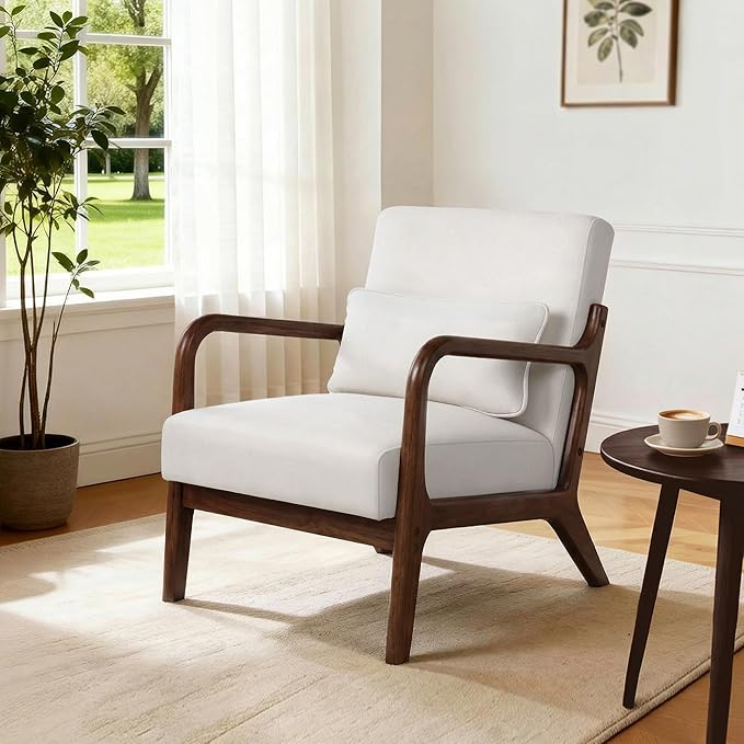 Mid Century Accent Chair Comfy Arm Chair with Solid Wood Frame Upholstered Modern Chair for Living Room Bedroom Waiting Room Beige