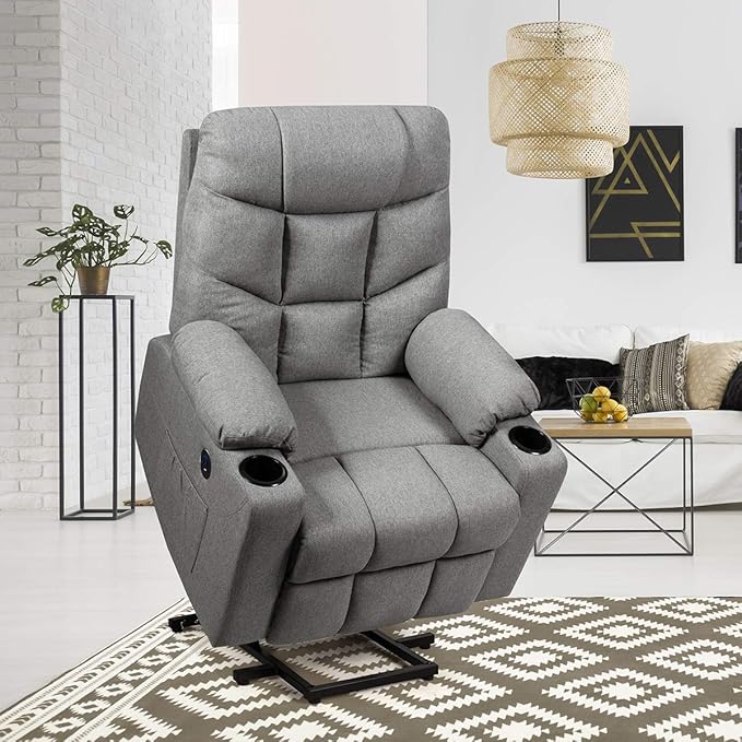 Giantex Power Lift Chair Electric Recliner Sofa for Elderly Fabric Reclining Sofa w/ 8 Point Massage &amp Lumbar Heat 2 Side Pockets Cup Holders USB Charge Port Motorized Sofa Chair for Living Roo