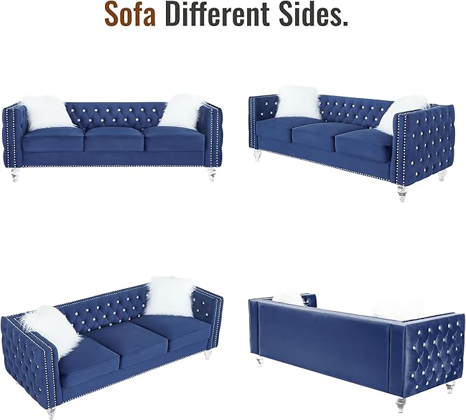 Luxury Chesterfiled Sofa Couch Set of 2 for Living Room2PC Modern Diamond Button Tufted Sofas with Acrylic Crystal Legs2 Piece Couches Set with Silver Nailhead Trim (Blue 2PC Sofa Set)