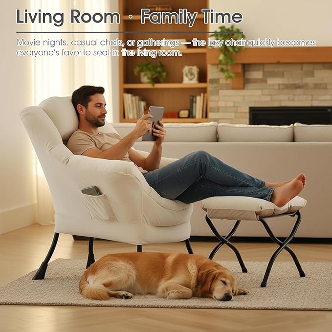 Lvory Lazy Chair with Ottoman Large Velvet Accent Chair with a Throw Pillow Comfy Leisure Sofa Chair for Living Room Bedroom Dorm Room Office Apartment Reading Relaxing Use