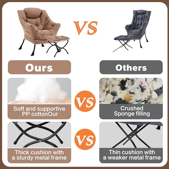 Lazy Chair with Ottoman Large Khaki Accent Chair with Ottoman Comfy Reading Armchair Leisure Sofa Chair for Living Room Bedroom Dorm Room Office