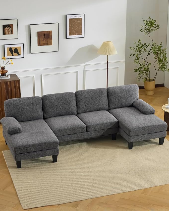 Karl home 110 U-Shape Sectional Couches for Living Room Chenille Upholstery 4 Seat Sofa Set with Double Chaises &amp Wood Grain Legs for Apartment Dark Grey