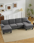 Karl home 110 U-Shape Sectional Couches for Living Room Chenille Upholstery 4 Seat Sofa Set with Double Chaises &amp Wood Grain Legs for Apartment Dark Grey
