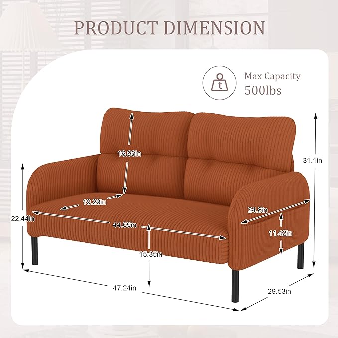 47 Modern Loveseat Couch Sofa Corduroy Fabric Armchair Upholstered 2-Seat Loveseat Sofa for Small Space Living Room Bedroom Apartment Orange
