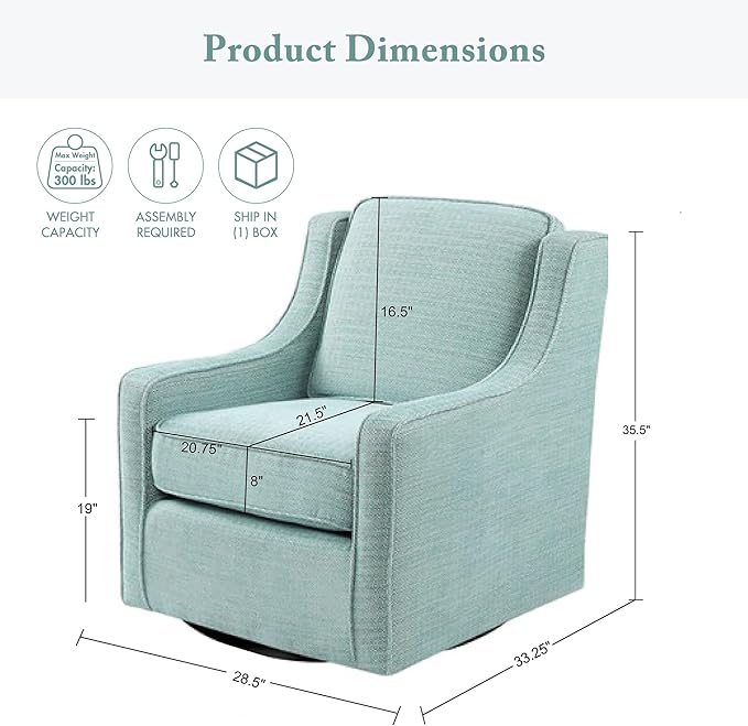Madison Park Harris Swivel Chair - Solid Wood Plywood Metal Base Accent Armchair Modern Classic Style Family Room Sofa Furniture 28.5 Wide Dusty Aqua