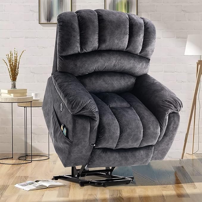 VIVIJASON Large Power Lift Chair Electric Recliner Chair with Heat &amp Massage for Elderly Big People Overstuffed Wide Electric Recliner with 2 Remote Controls Side Pockets &amp USB Ports Dark G