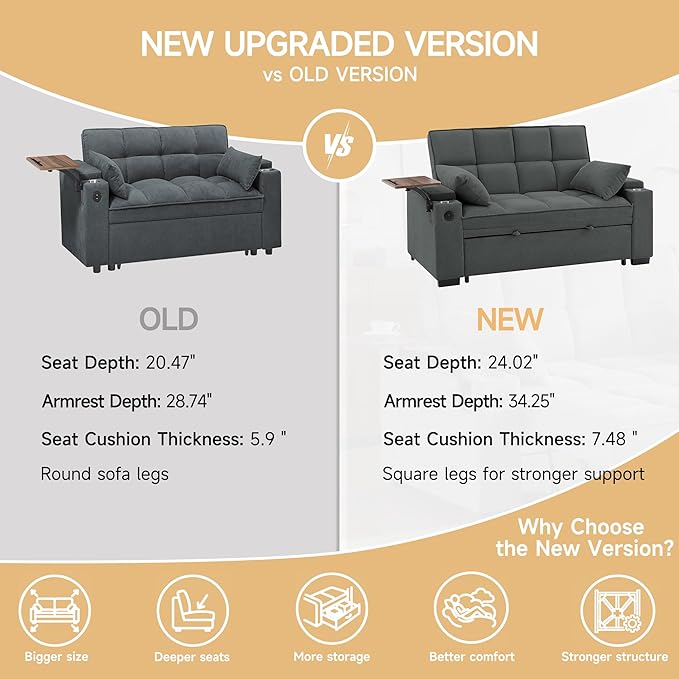 65 Sleeper Sofa Bed Loveseat Convertible Couch for Living Room RV Sofa with Adjustable Backrest Chaise Lounge Side Table USB &amp Type-C Ports