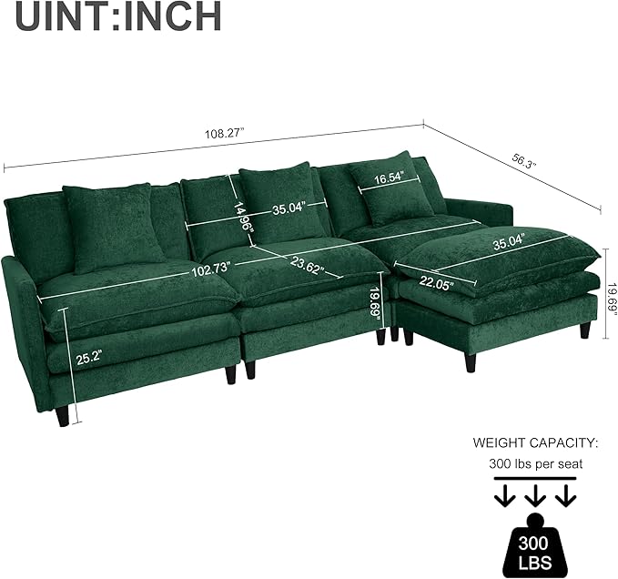 108.27 Modular Convertible Sectional Couch 4 Seat L Shaped Sofa Reversible Chaise Sectional Sofa Deep Seat Cloud Couch Chenille for Home Apartment Dorm