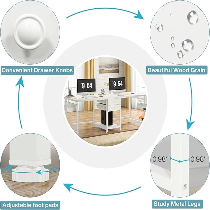 78 Two Person Computer Desk with Drawers Long Double Home Office Desk with with Storage Shelves Large Gaming Study Writing Table Workstation for Office (White-Drawers)
