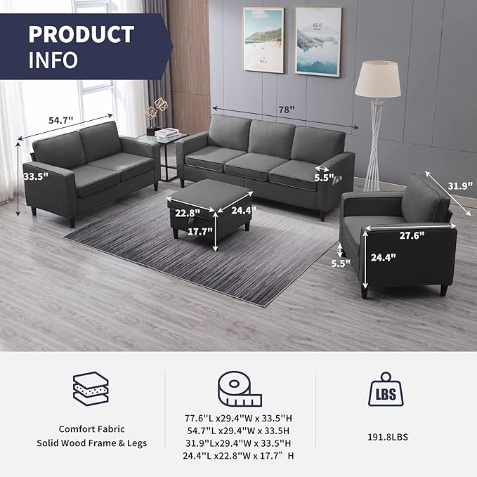 3 Pieces Living Room Sofa Set Linen Couch and Loveseat &amp Chair Sets with Ottoman &amp Armchair Modular Sectional Sofa Couch Furniture Set Wood Legs Sofas Couches for Living Room - Dark Grey
