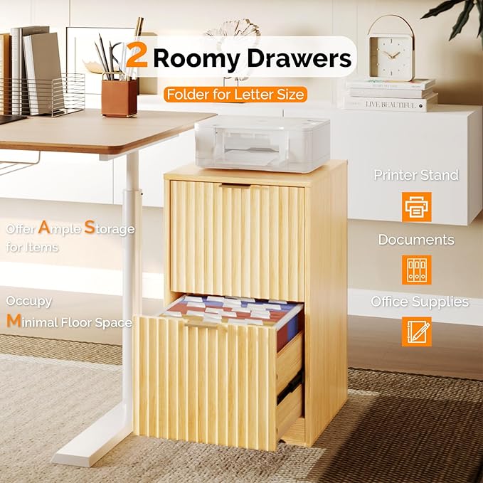 VINGLI 2 Drawer File Cabinet Home Office Filing Organizer for Letter Size File Folder Storage Modern Style Fluted Design Wood Vertical Filing Cabinet Printer Stand Archivador (Oak)