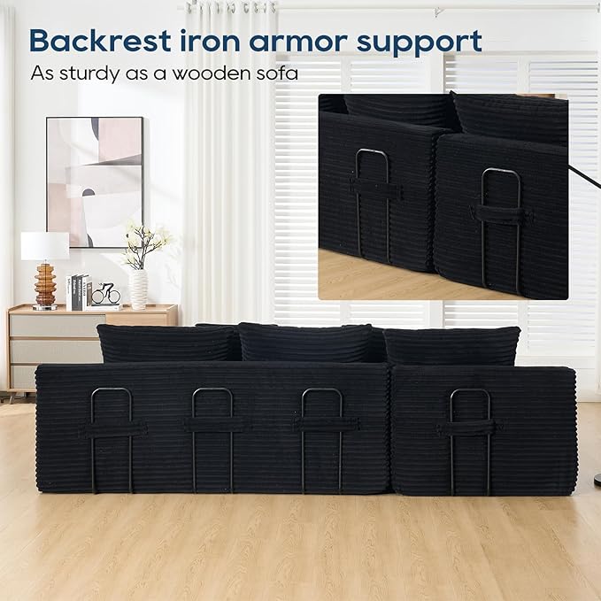 ‌104 3-Seater L-Shaped Modular Sectional Sofa with Chaise Convertible Sleeper Sofa Bed with Memory Foam &amp Floor Couch Comfy Corduroy Deep Seat Couch for Living Room No Assembly RequiredBlack