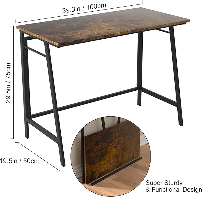 ASTARTH Folding Desk-40 Inch Writing Computer Desk Space Saving Foldable Table Modern Simple Style PC Table Black Metal Frame-Home Office Desk No Assembly Required Rustic Brown