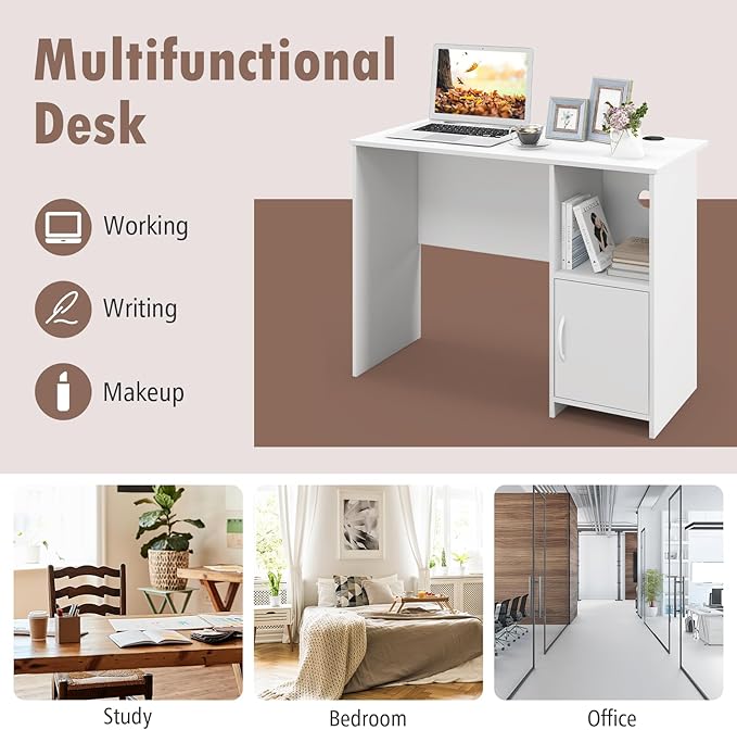 GOFLAME Modern Computer Desk with Cabinet Writing Study Desk with Cable Holes &amp Open Shelf Laptop PC Desk with Storage Compact Computer Workstation for Home Office White