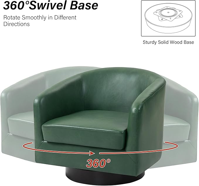 Swivel Barrel Chair Modern Round PU Leather Accent Armchair for Living Room Bedroom Oversized Comfy Club Reading Chairs for Adults (Leather Green Set of 1)