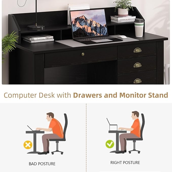 4 EVER WINNER Black Desk with Drawers Small Desk with File Drawer and Monitor Stand Computer Desk with Storage Writing Desk for Bedroom Home Office Black