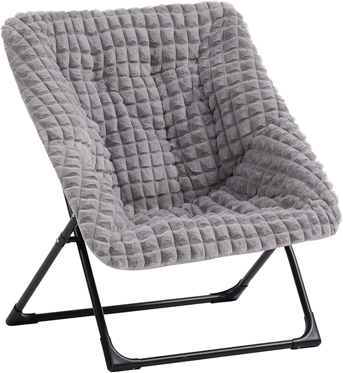 HollyHOME X-Large Saucer Chair Comfy Oversized Folding Chair Faux-Fur Reading Chair for Teens Adults Foldable Accent Lazy Chair Metal Lounge Chair for Living Room Bedroom Dorm Grid Blue&ampGr