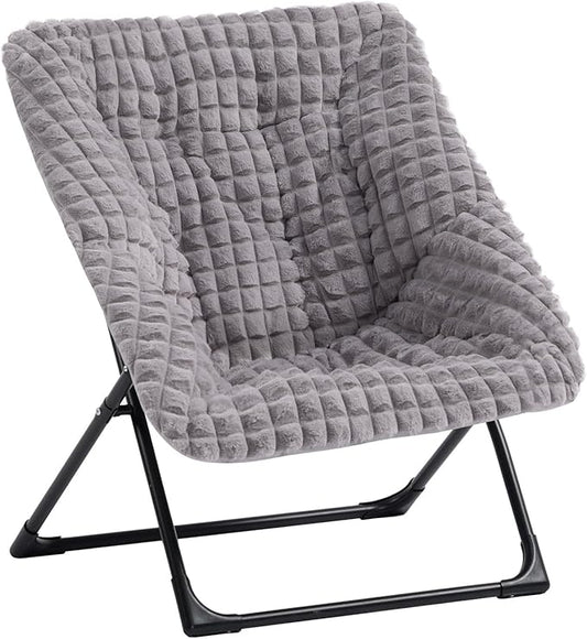 HollyHOME X-Large Saucer Chair Comfy Oversized Folding Chair Faux-Fur Reading Chair for Teens Adults Foldable Accent Lazy Chair Metal Lounge Chair for Living Room Bedroom Dorm Grid Blue&ampGr
