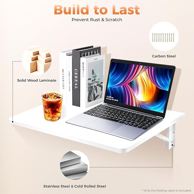 Wall Mounted Desk Floating Wall Desk with Iron Bracket Drop Leaf Table for Small Spaces Wall Mounting Folding Table for Kitchen Laundry Room Home Office White