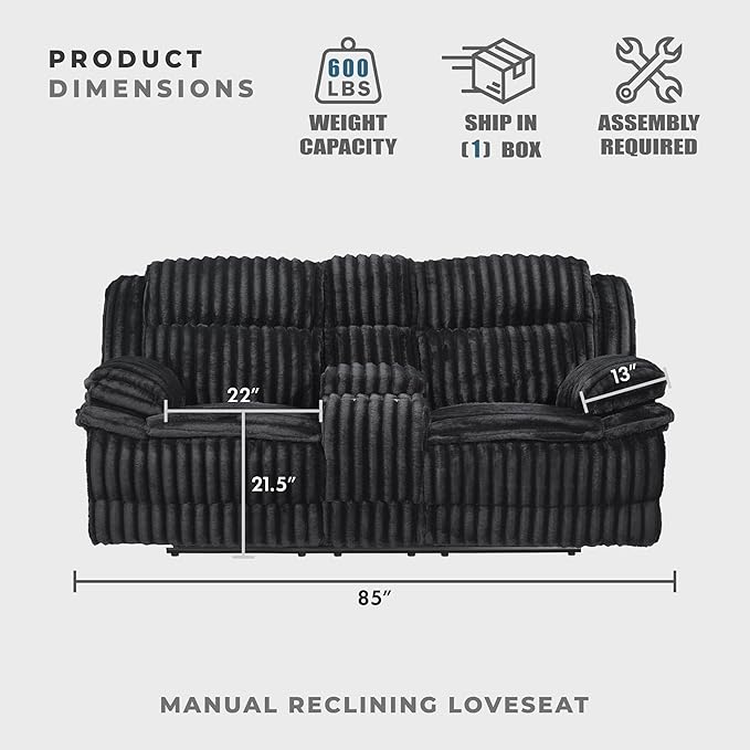 Lexicon Manual Double Reclining Loveseat with Center Console Corduroy Manual Wall Hugger Recliner Couch Pillow Top Arms Cup Holders Hidden Storage Cozy Loveseat for Living Room Black