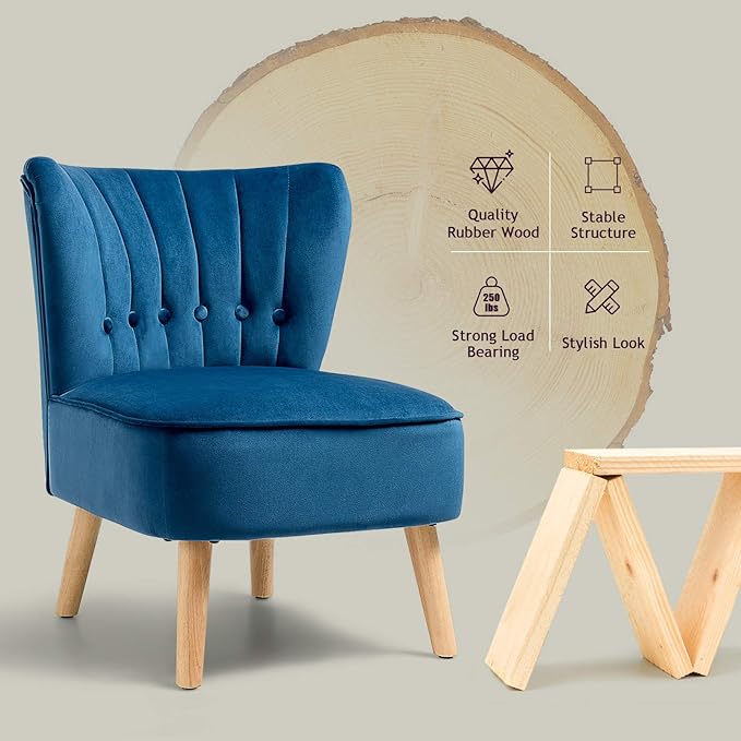 S AFSTAR Armless Accent Chair Wingback Velvet Sofa Chair with Solid Rubber Wood Legs &amp Thick Padded Seat Upholstered Leisure Club Chair for Living Room Guest Room Coffee Shop (2 Blue)