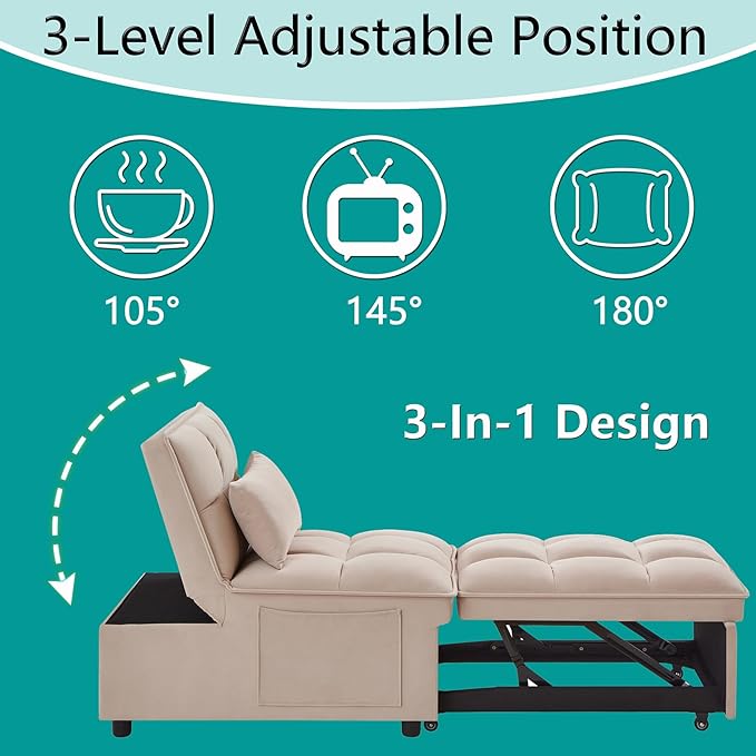 4 in 1 Bouncer with Pull-Out Bed Convertible Slip on Sofa Chair with Storage Pockets and Adjustable Backrest Comfortable Folding Footrest Bed Living Room (Peach)