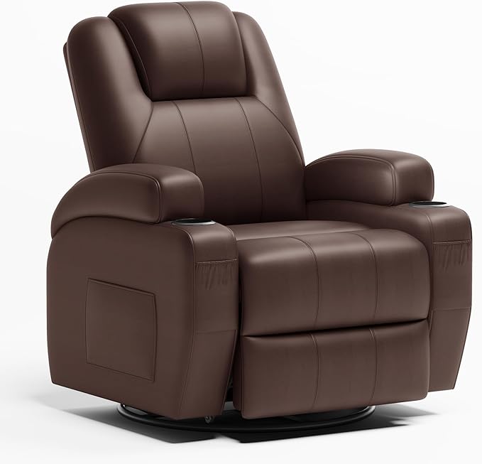 Flamaker Swivel Rocker Recliner Chair with Vibration Massage 360° Swivel Recliner Chairs for Adults Ergonomic Lounge Chair with Cup Holders Lazy Boy Recliner Single Sofa Seat (Leather Brown)