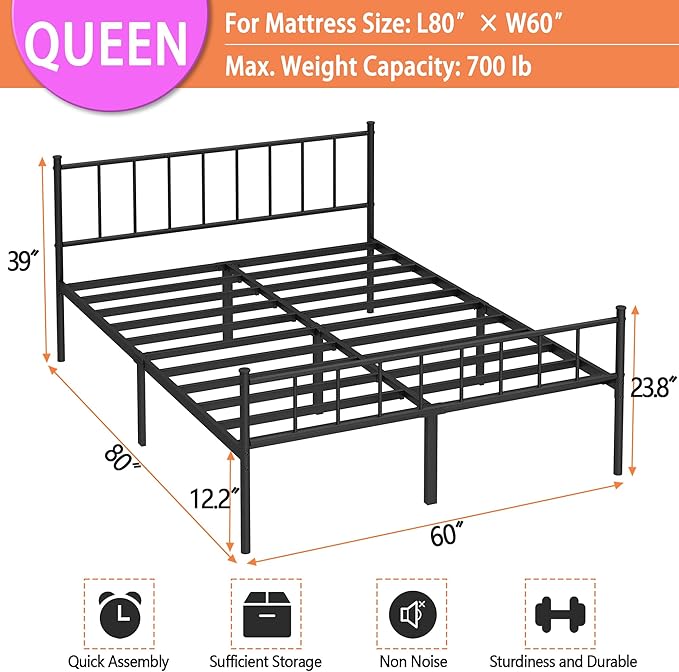 Queen Bed Frame-Classic Metal Platform Bed FrameMattress Foundation with Steel Slat SupportUnder Foundation StorageNo Box Spring Needed Easy Assembly Queen Size