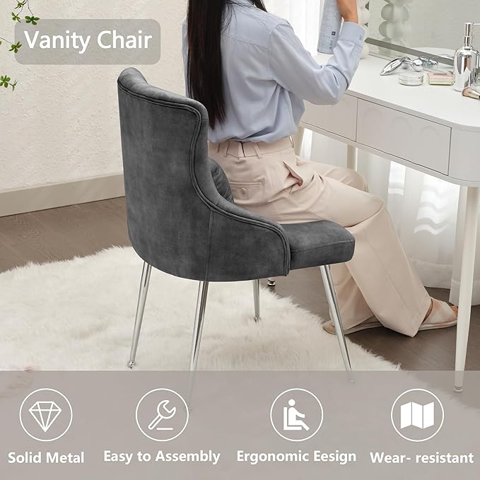 Velvet Vanity Chairs Upholstered Makeup Accent Reading Chair Office Desk Vanity Stool Chairs with Metal Legs for Kitchen Bedroom Living Room Dark Grey