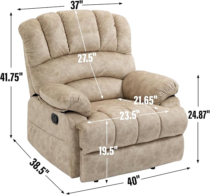 Large Manual Recliner Chair for Living Room Oversized Fabric Reclining Chair with Pillow Top Arms Cushion Back and Smooth Lever Control Heavy-Duty Metal Frame (Beige)