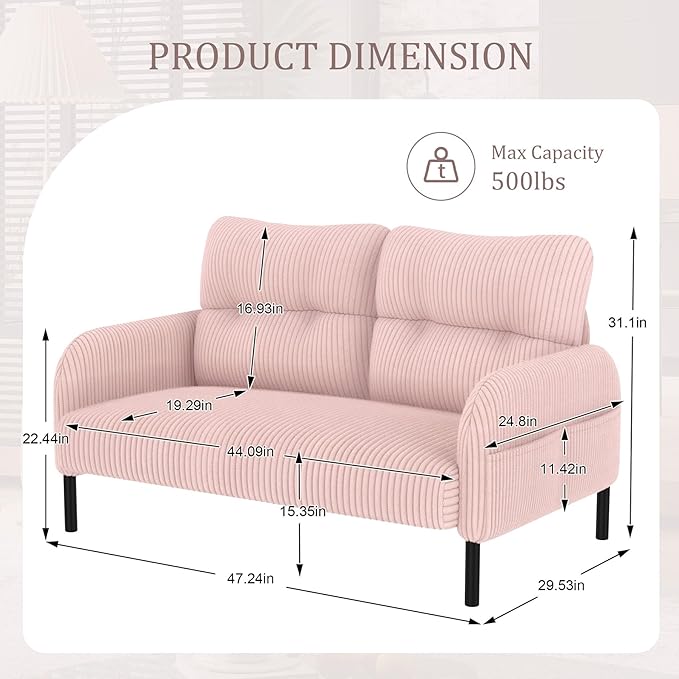 Pink Small Loveseat Sofa - 47 Mini Couch for Bedroom Comfy Corduroy Fabric 2-Seat Sofa Couch with Solid Wood Frame for Living Room Small Space Dorm Easy Assembly (Pink) | Sturdy and Durable