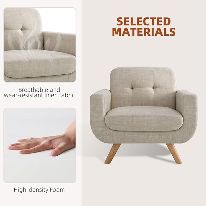 Rosevera Elena Contemporary Accent Armchair with Linen Upholstery Living Room Furniture Pearl