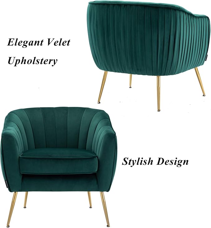 Artechworks Velvet ModernTub Barrel Arm Chair Upholstered Tufted with Golden Legs Accent Club Chair for Living Reading Room Bedroom Green