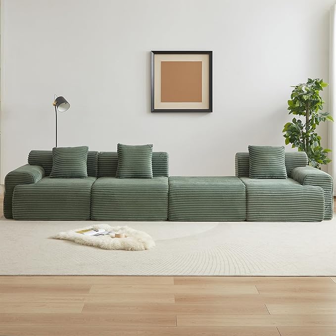 114-inch Oversized Modular Sectional Sofa Fluffy Boneless Compressed Memory Foam Corduroy Couch Comfy Modern L Shaped Couches with Ottoman &amp Pillows for Living Room Apartment Bedroom Green