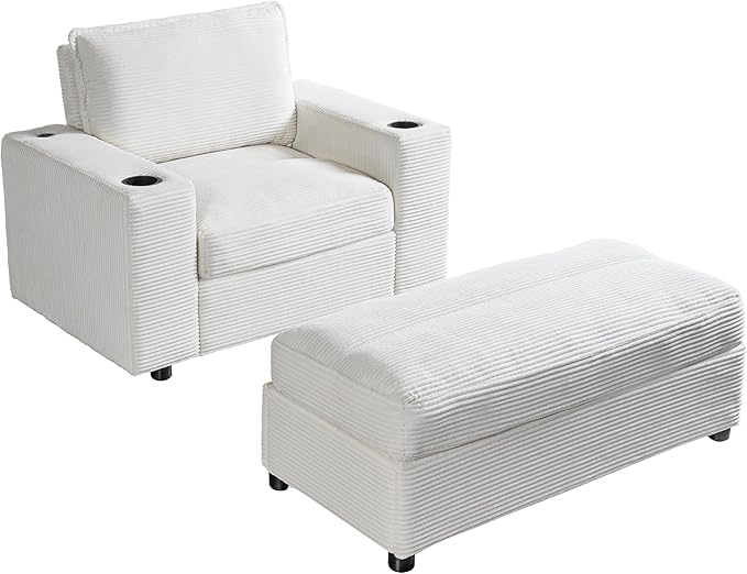 42.8 Oversized Chaise Lounge Chair with Storage Ottoman Corduroy Sofa Bed with Cup Holders &amp USB Charging Port Upholstered Sleeper Chair for Living Room BedroomBeige