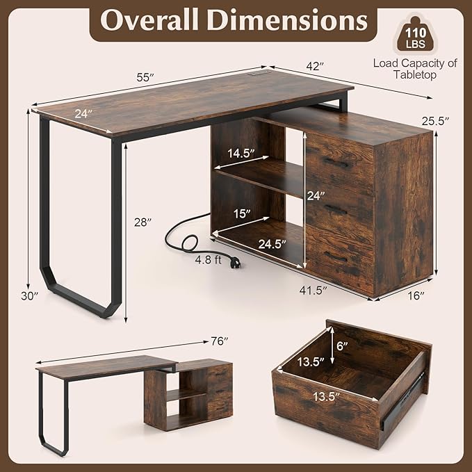 Giantex 55 Inch L-Shaped Desk with Charging Station Reversible Computer Desk with 3 Drawers Adjustable Shelf Large Computer Workstation Corner Desk for Small Spaces Home Office (Rustic Brown)