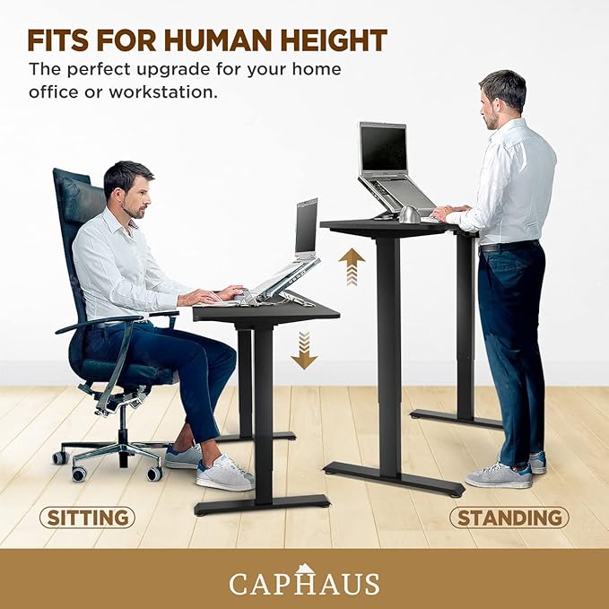 CAPHAUS 48 x 24 Inches Whole-Piece Deskboard Electric Standing Computer Desk Home Office Height Adjustable Desk with Memory Control Panel Black Metal Frame &amp P2 Grade Black Desktop Single Motor