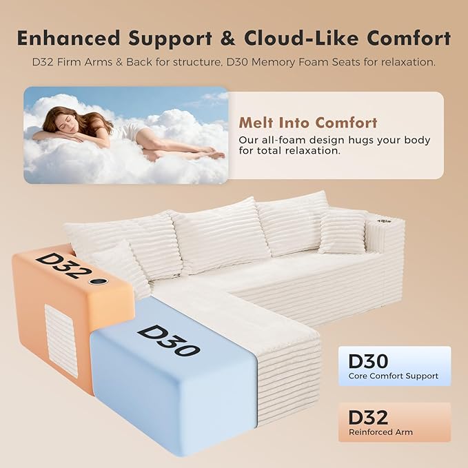ELUCHANG 108” Modular Sectional Sofa Comfy Cloud Couch with Deep Seat Modern L-Shape Sofa with Chaise Upholstered Boneless Couch for Living Room Bedroom No Assembly Required Corduroy Beige