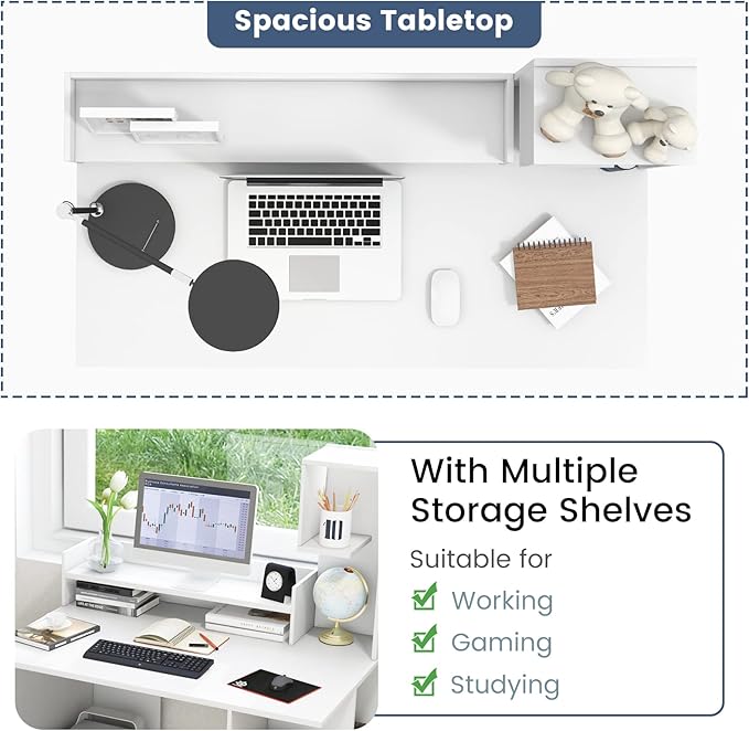 Tangkula White Desk with Storage Bookshelf &amp Hutch 48” Modern Home Office Desk with 8 Storage Shelves Space Saving Writing Study Desk for Bedroom Compact Computer Workstation for Home