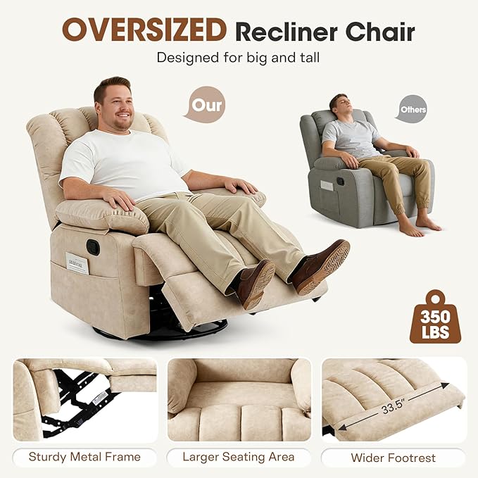 COOSLEEP Oversized Manual Swivel Rocker Recliner Chair Extra Wide Glider Rocker Recliner for Big and Tall Overstuffed Lazy Recliner Chair with High Back Single Sofa Chair for Living Room(Beige)