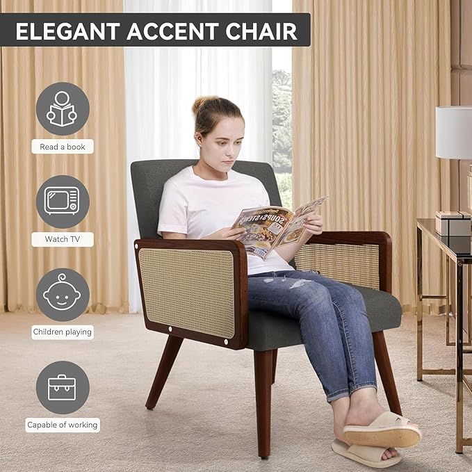 Accent Chair with Rattan Arms Set of 2Dining Chairs with Wood Legs Modern Armchair for BedroomLiving Room and Kitchen Lounge Reading Chair Grey