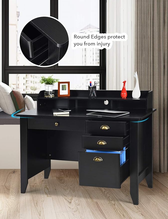 Catrimown Computer Desk with Drawers and Hutch Vintage Wood Home Office Desk Writing Study Teens Student Desk PC Laptop Table for Small Spaces Black