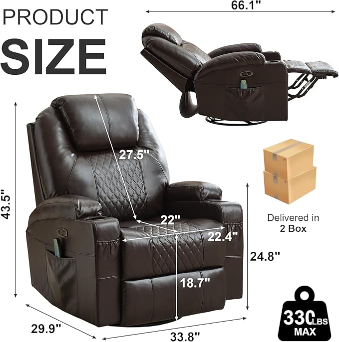 Power Swivel Rocker Recliner Chair for Adults with Heat and Massage LED Lights USB-A and USB-C Ports Electric Glider Recliner Nursery Chair for Living Room (Brown Set of 2)