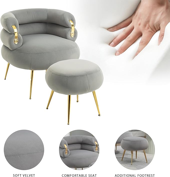 Velvet Accent Chair with OttomanModern Upholstered Armchair Tufted Chair with FootstoolSingle Sofa Chair with Golden Metal Legsfor Living Room (Gray-Chair and Ottoman)
