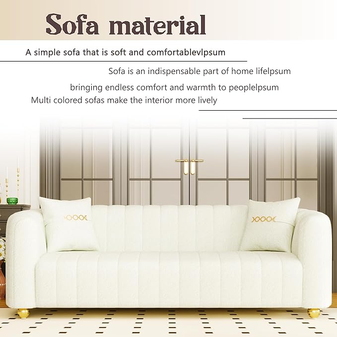 83 Velvet White Couch Modern Sofas for Living Room Cream Sofa 3 Seater Solid Wood Frame with Gold Metal Legs and Two Pillows Comfy Teddy Sofa ﻿