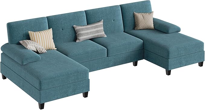 JY QAQA Sectional Couche with Soft Cushion U-Shaped Sofa with Double Chaise 4-Seat Linen Fabric Sofa Sets for Living Room Apartment Denim Blue