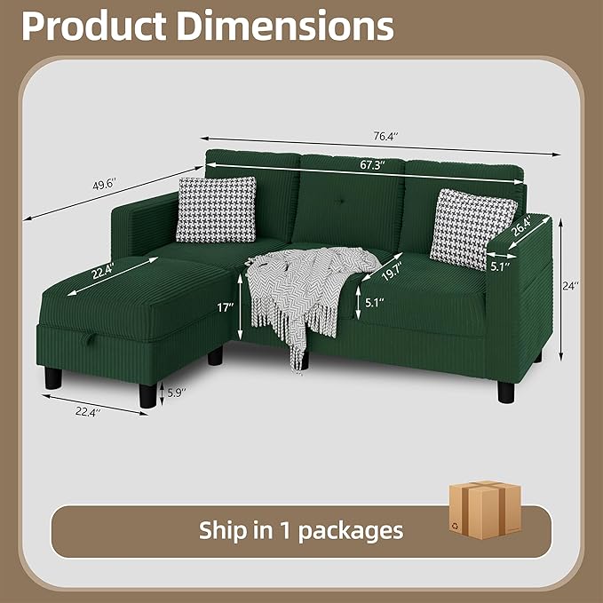 JAMFLY Convertible Sectional Couches for Living Room L-Shaped Couch 3 Seat Sectional Sofa Set with Polyester Fabric and Movable Ottoman Small Couch for Apartments OfficeGreen