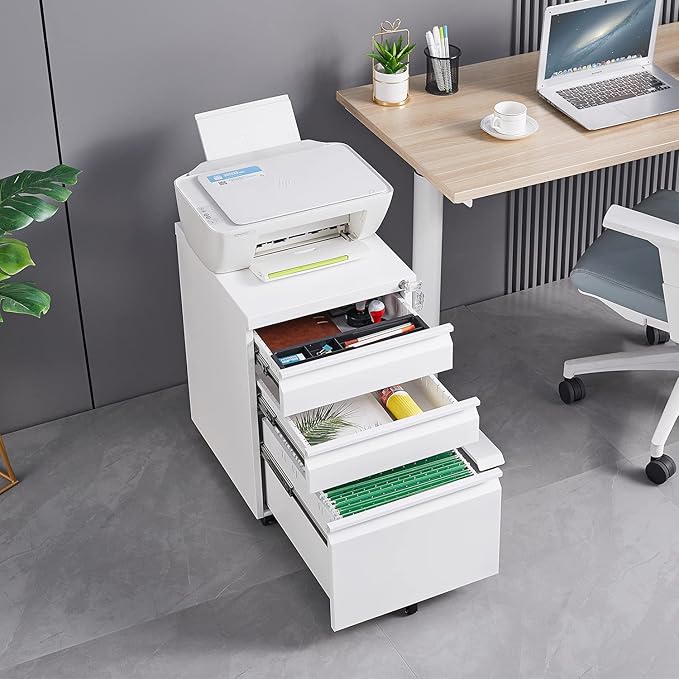 3 Drawer Mobile File Cabinet Under Desk Office 3 Drawer Locking File Cabinet Installation Required Letter/Legal Size (White)