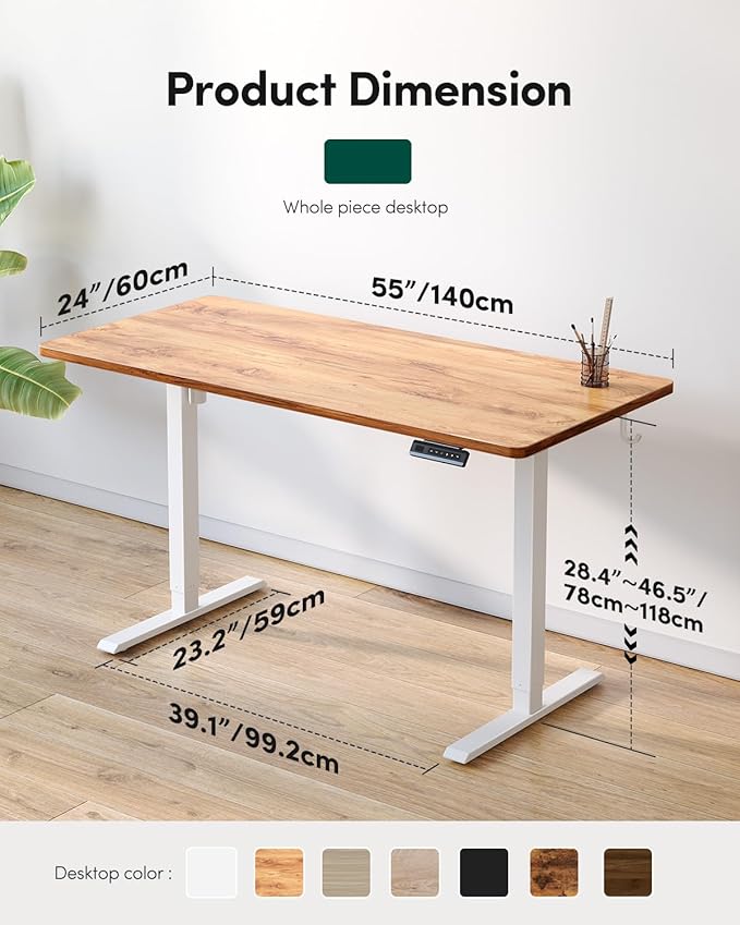 FEZIBO One-Piece Standing Desk Adjustable Height Stand up Home Office Desk 55x24 Inch Electric Standing Computer Desk with 4 Memory Presets Headphone Hook Light Rustic