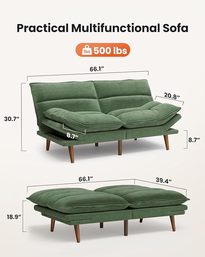 Amada Convertible Futon Sofa Bed - Corduroy Loveseat with Adjustable Backrest &amp Armrests Thickened Seat Cushion Small Space Sleeper Couch for Apartment Study Room &amp Office（Moss Green66 Inc